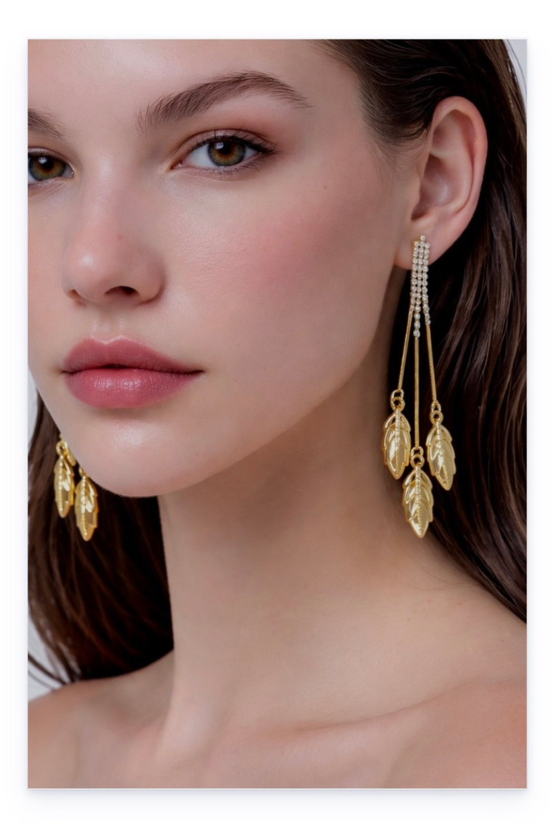 Long Leaf Detail Earrings in 18k Gold-Plated Copper