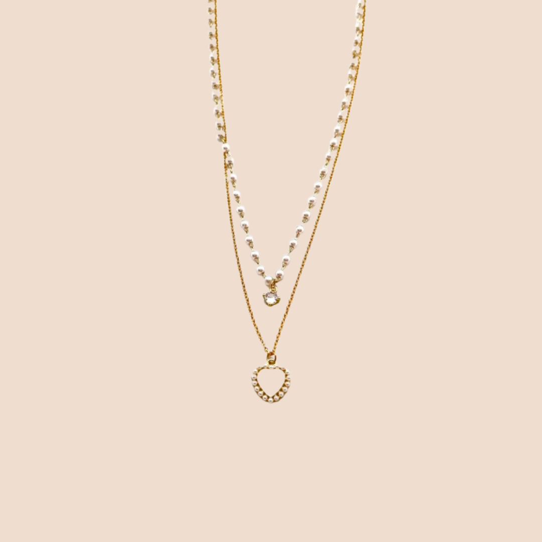Double Layer Imitation Pearl Necklace with Heart Pendant