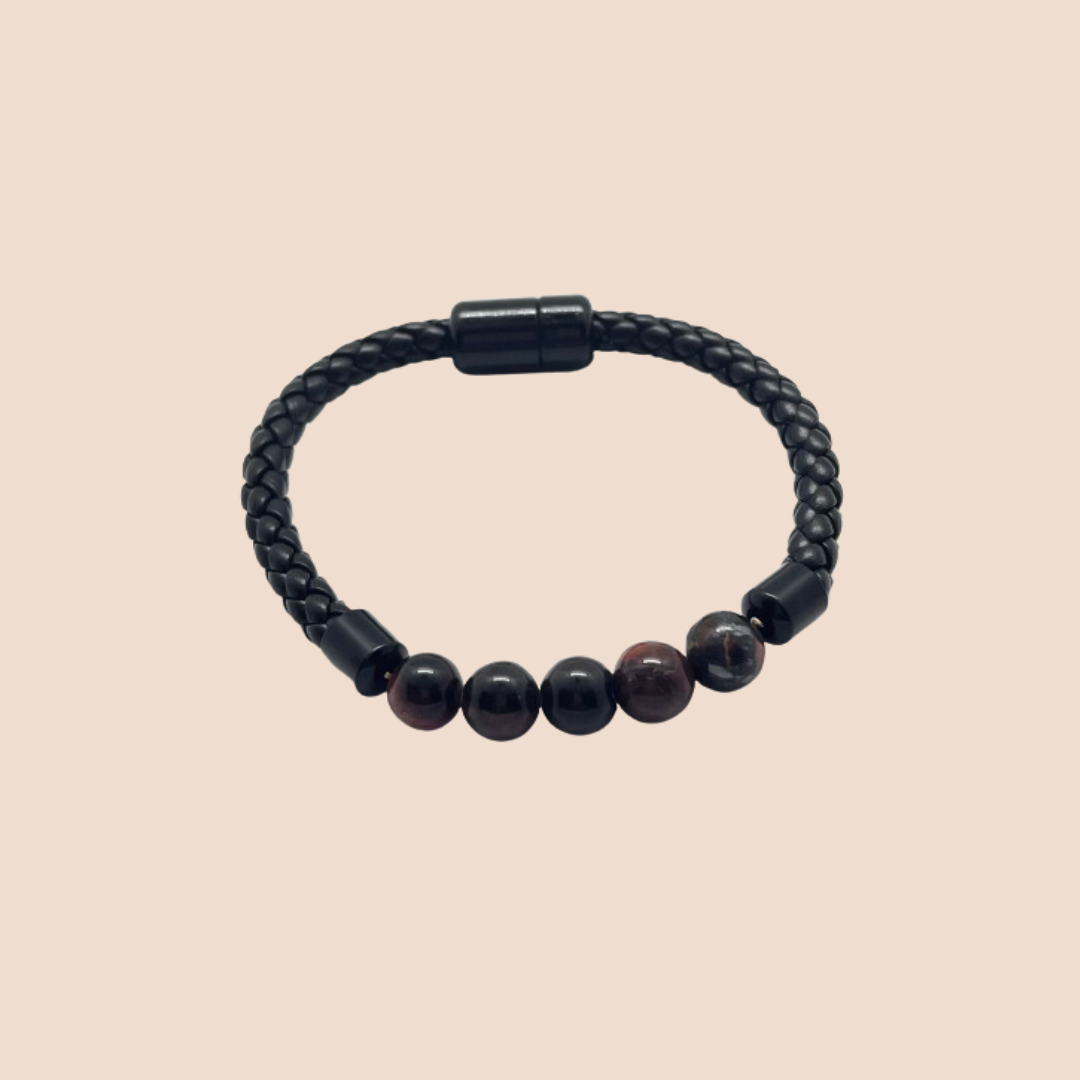Unisex Black Leather Bracelet with Tiger Eye Stones