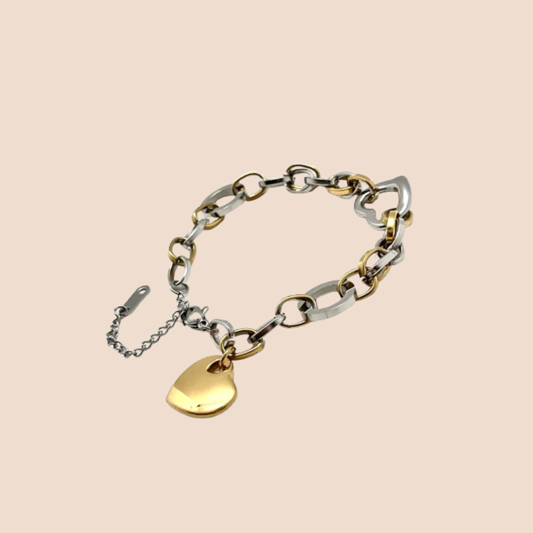 Stainless steel heart pendant link bracelet