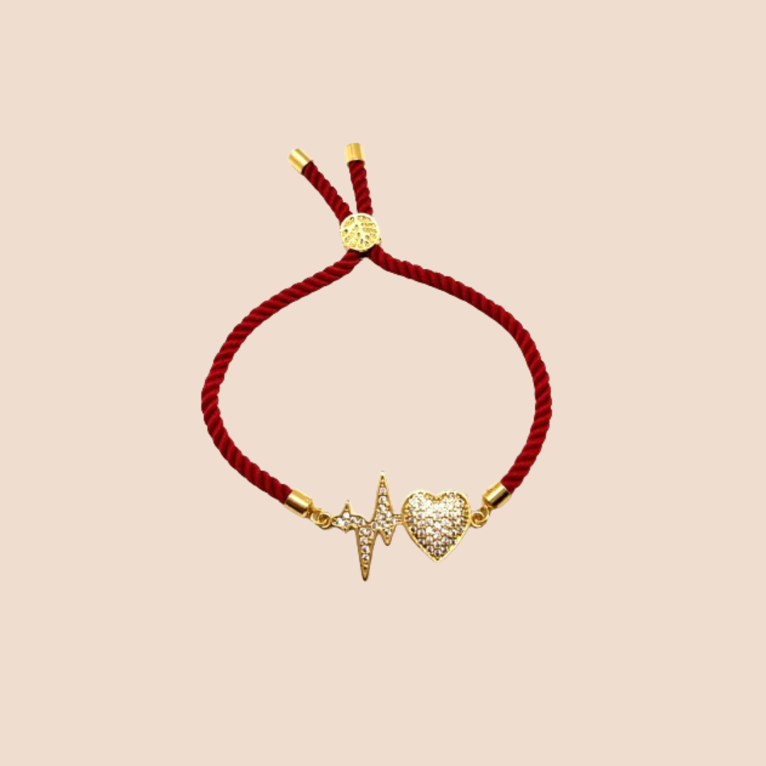 Adjustable Red Cord Bracelet with Gold-Plated Heart & Cardio