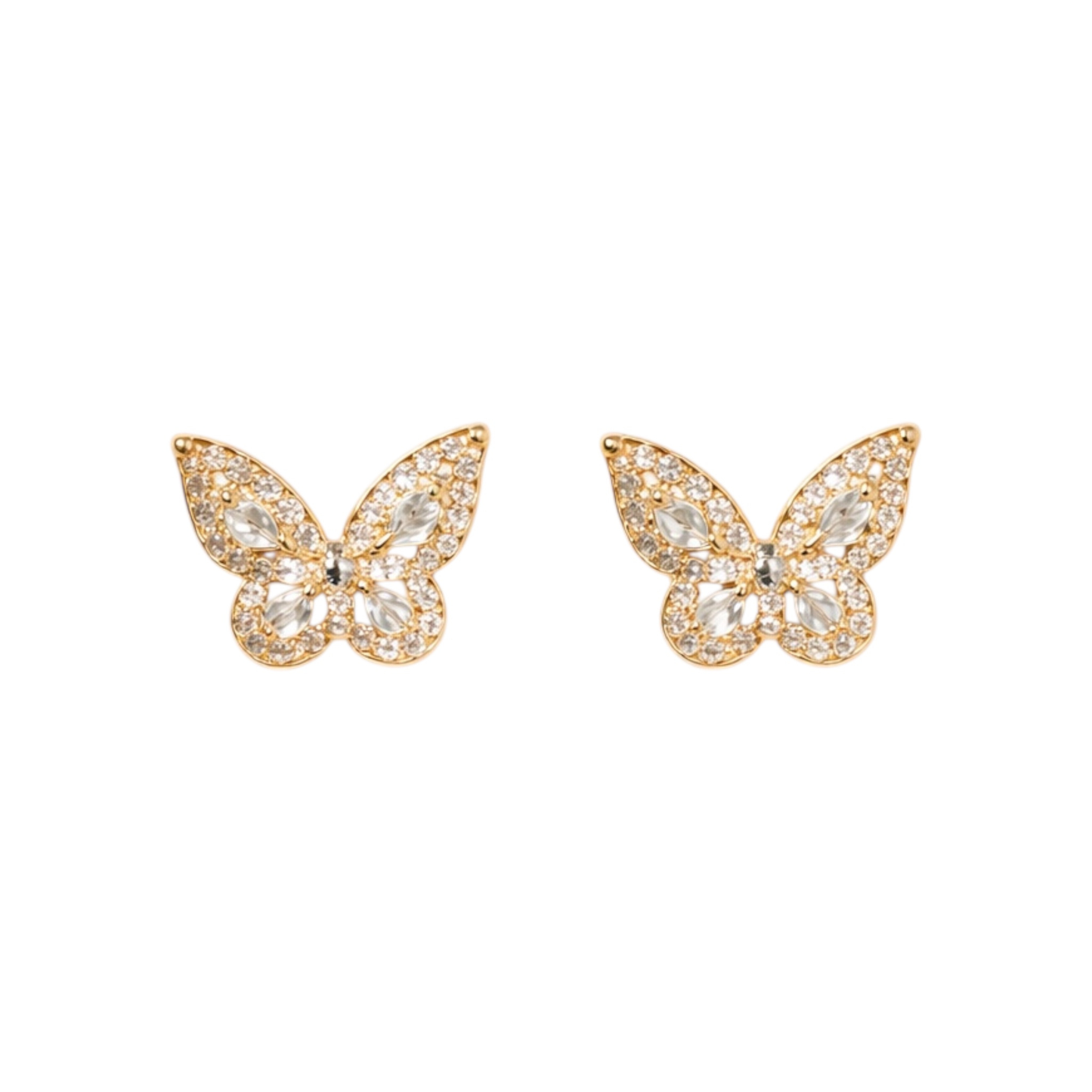 Small butterfly-style earrings with zircons, plated in 18k gold, copper base