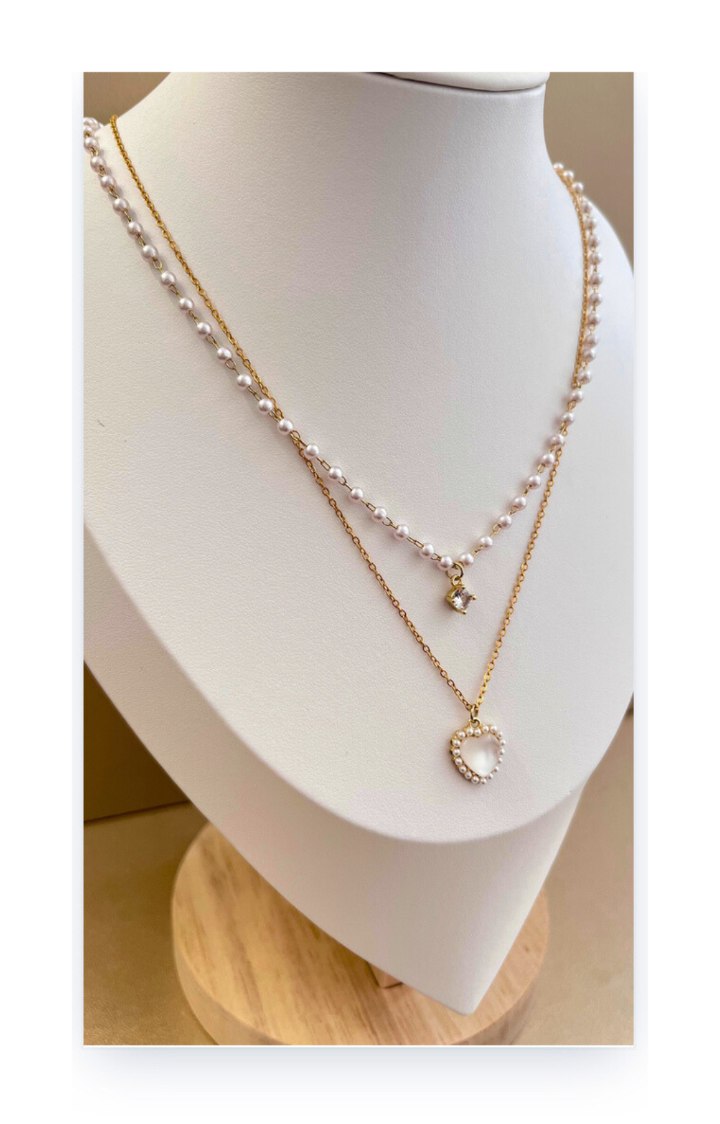 Double Layer Imitation Pearl Necklace with Heart Pendant