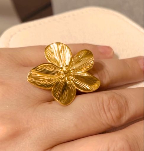 Flower-Shaped Ring, 14K Gold Plated on Stainless Steel, Classic-Casual Style