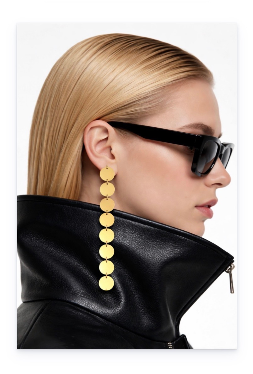 Stylish long circles earrings, stainless steel, 18k gold plated