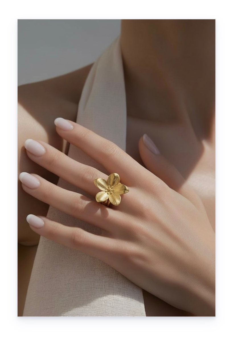 Flower-Shaped Ring, 14K Gold Plated on Stainless Steel, Classic-Casual Style