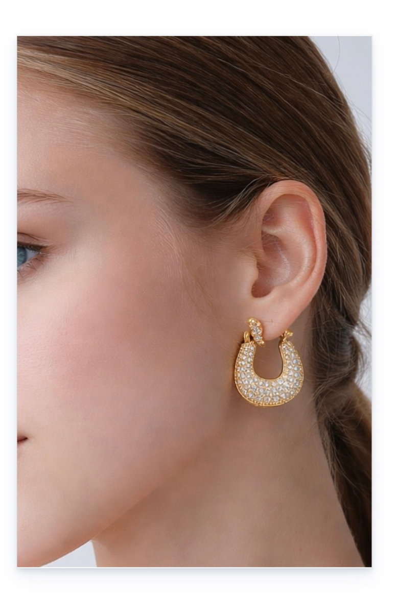 Geometric-Shaped Earrings, 18K Gold-Plated Copper with Zircon Inlay