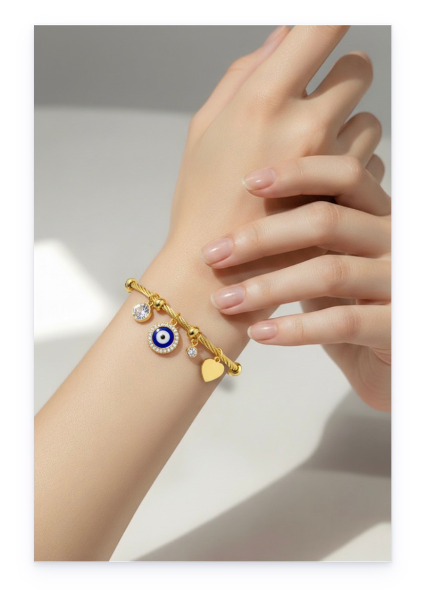Gold-Plated Stainless Steel Evil Eye Bangle Bracelet