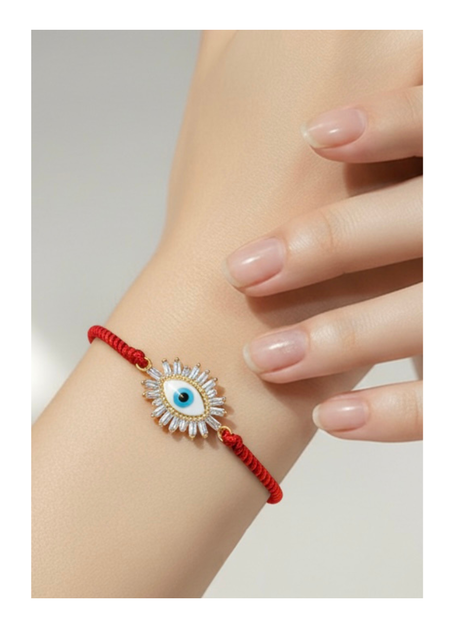 Evil Eyes Bracelet with Crystal-Embellished Charm and Red Ribbon