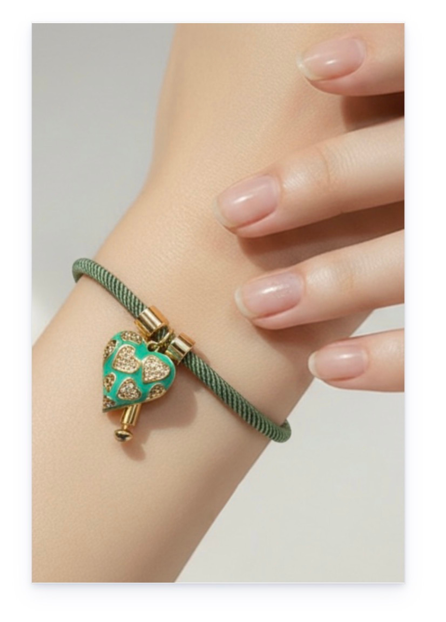 Green Cord Bracelet with Heart Pendant - Gold Stainless Steel Accents