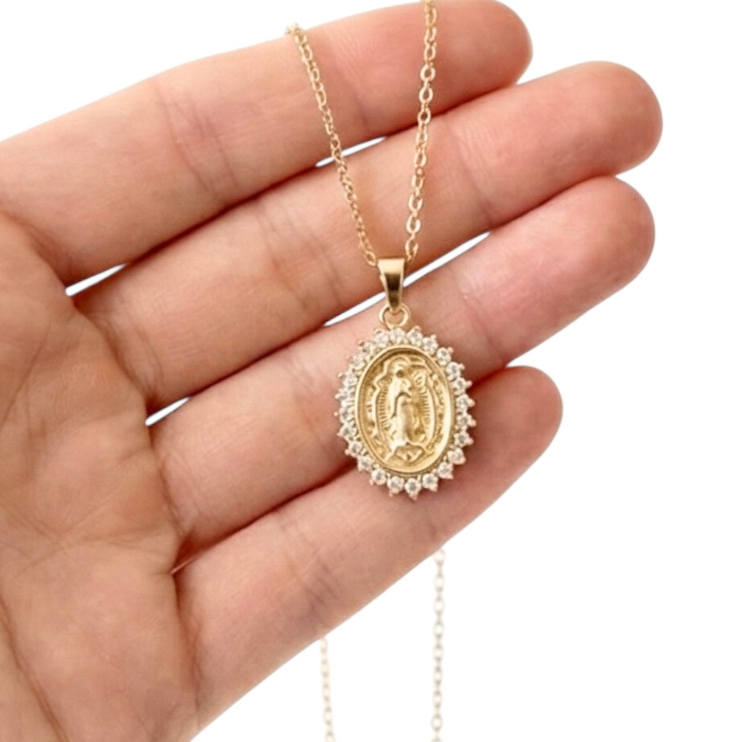 Religious necklace with a Virgin pendant, 18k gold plated & copper