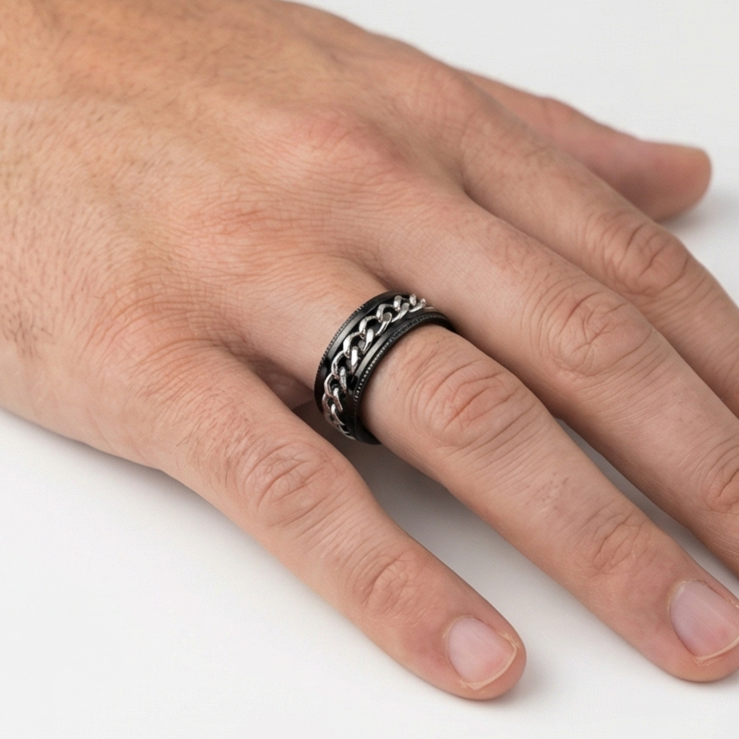 Classy Men black chain band ring in Stainless Steel