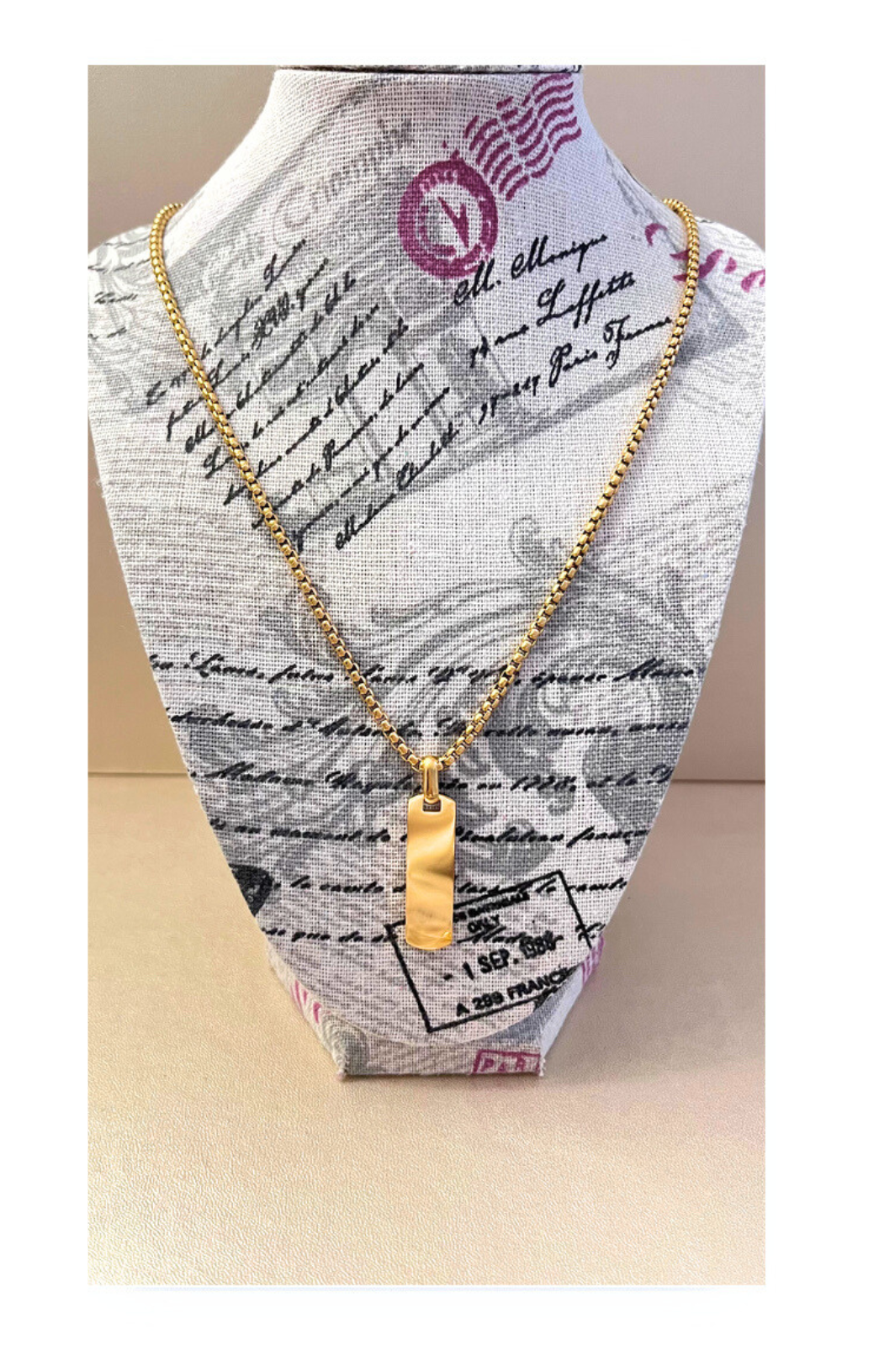 Gold-Plated Stainless Steel Cord Necklace with Slim Rectangular Plate Pendant