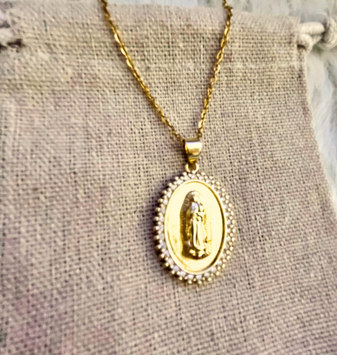 Stainless steel Necklace, Mary virgen pendant. gold plated, Unisex