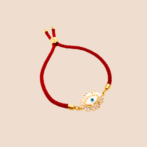 Evil Eyes Bracelet with Crystal-Embellished Charm and Red Ribbon