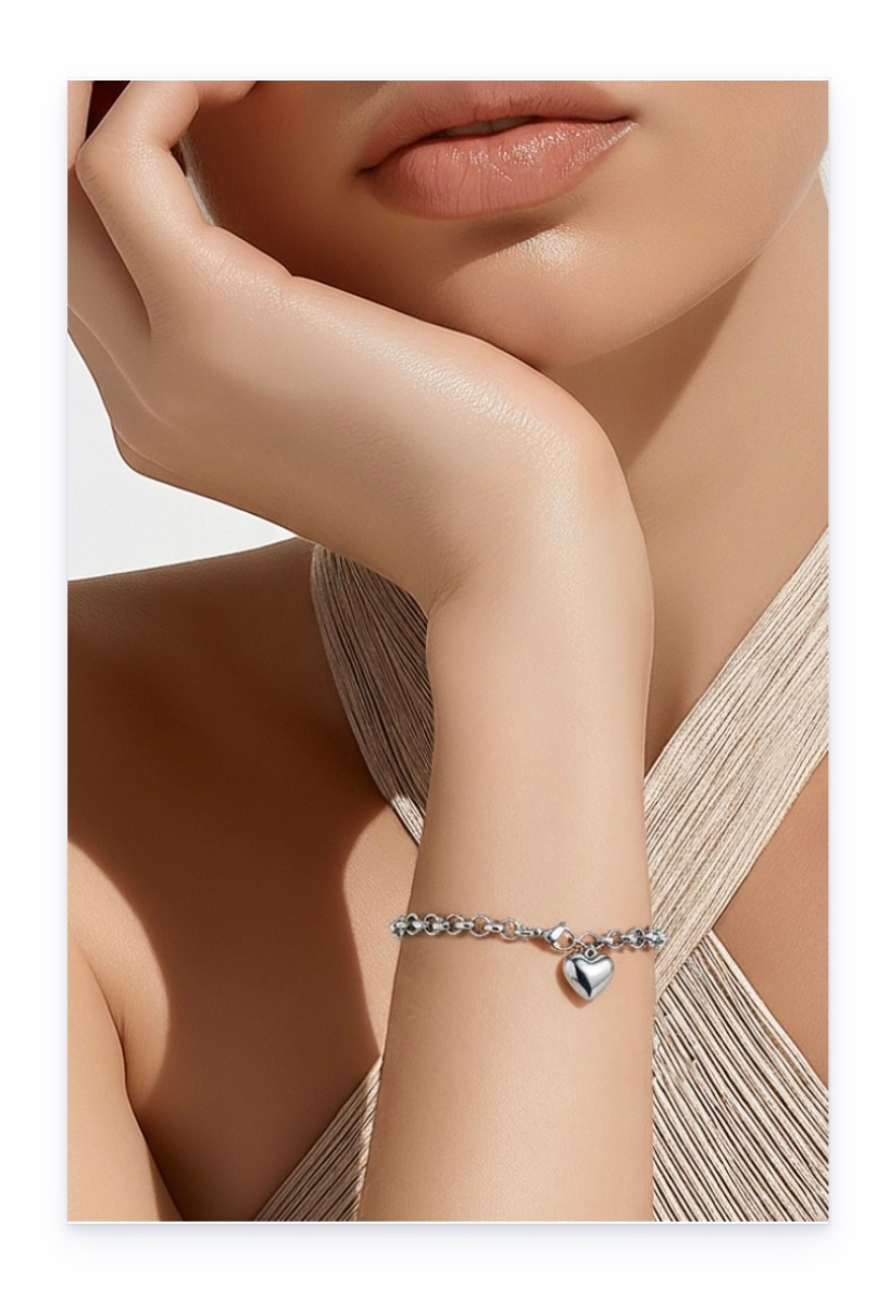 Silvery Stainless Steel Heart Charm chain Link Bracelet