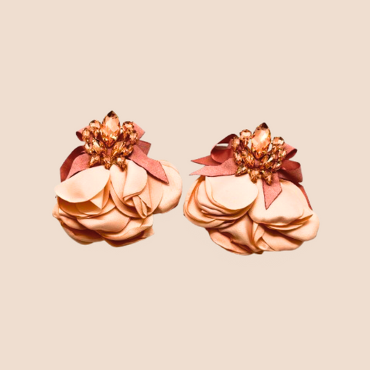 Pink Flower-Style Ear Studs with Gemstone Inlay
