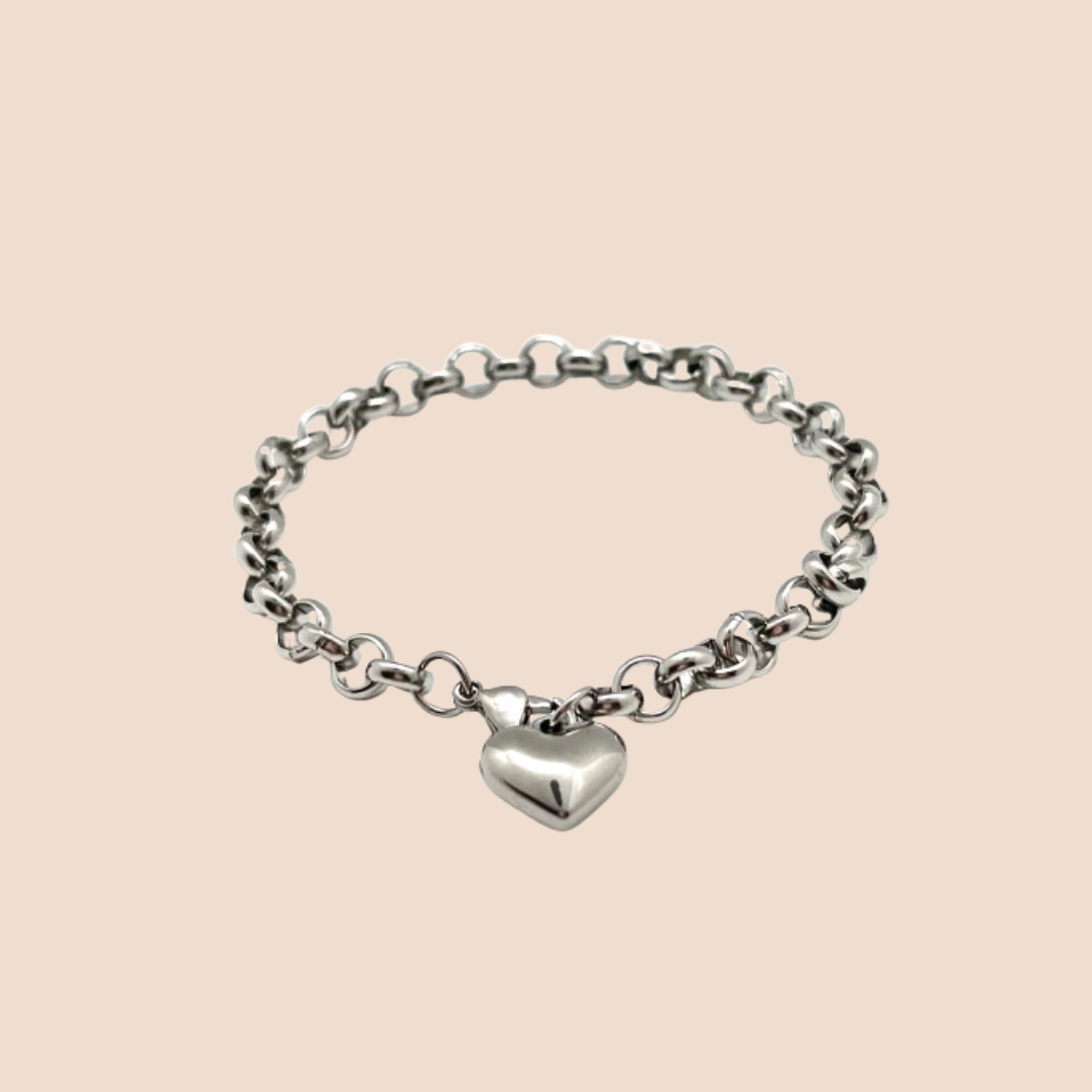Silvery Stainless Steel Heart Charm chain Link Bracelet