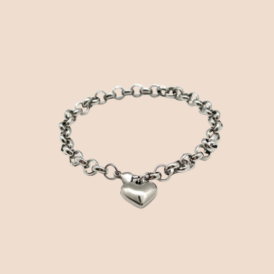 Silvery Stainless Steel Heart Charm chain Link Bracelet