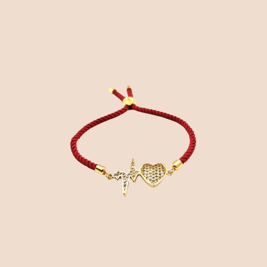 Adjustable Red Cord Bracelet with Gold-Plated Heart & Cardio