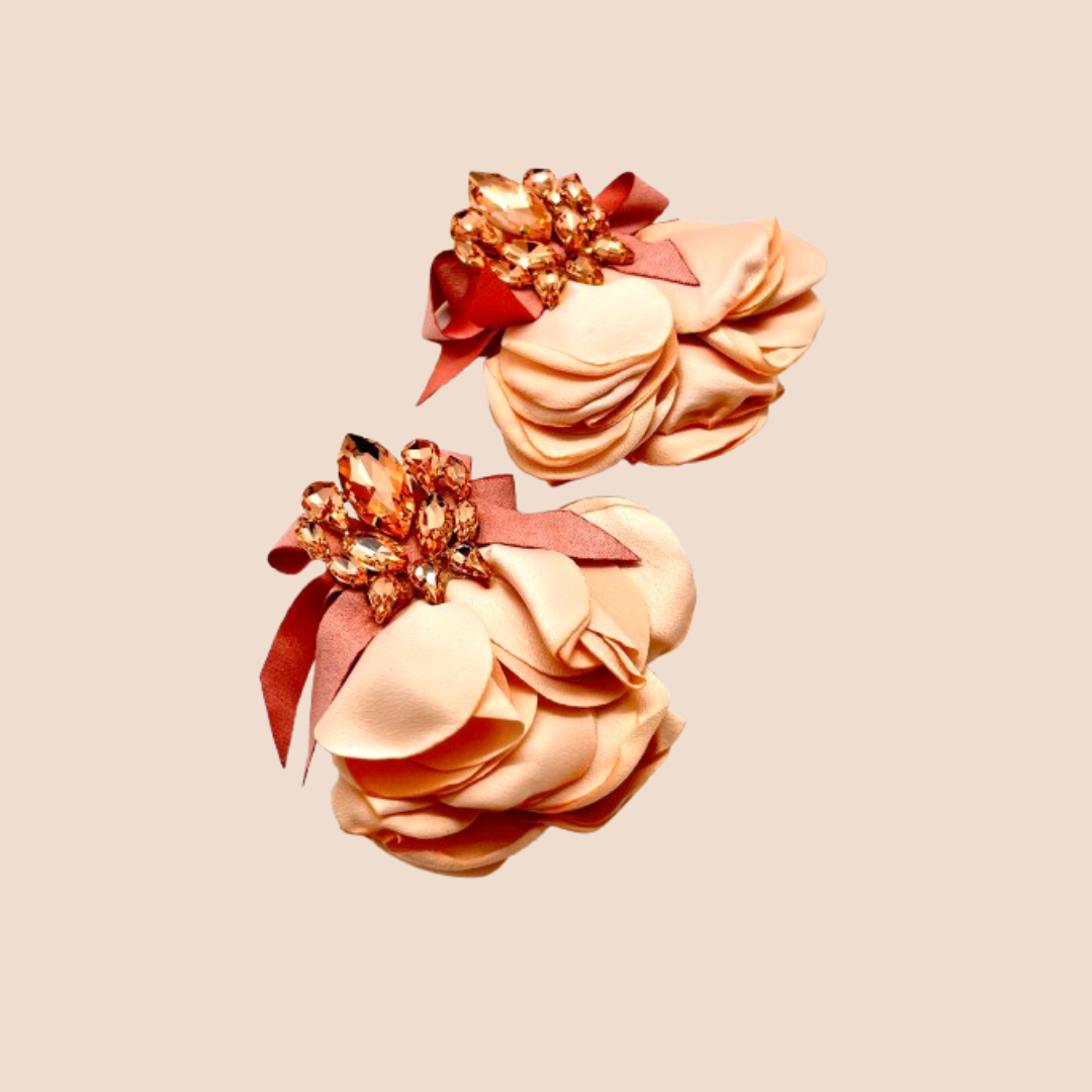 Pink Flower-Style Ear Studs with Gemstone Inlay