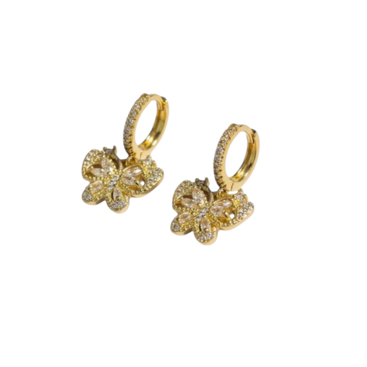 Hoop Earrings with Butterfly Shape, 14K Gold-Plated Copper with Zircon Inlay