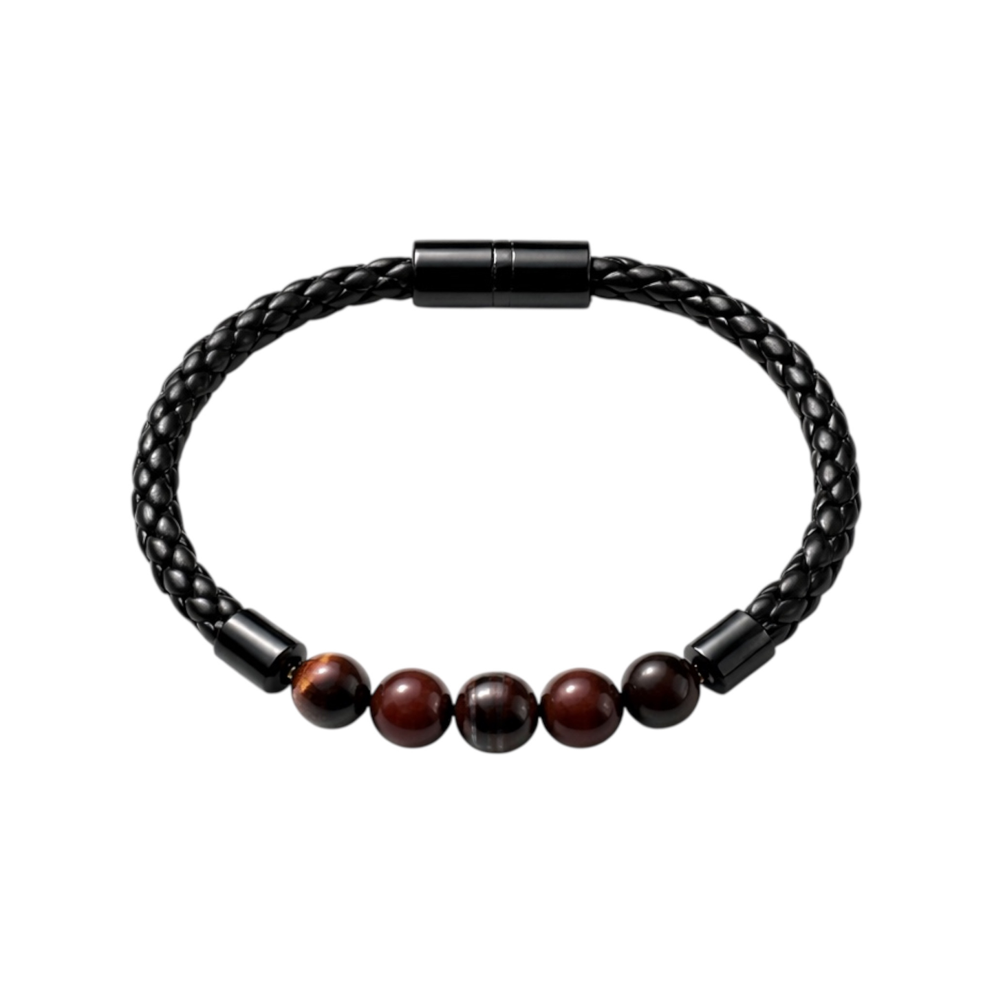 Unisex Black Leather Bracelet with Tiger Eye Stones