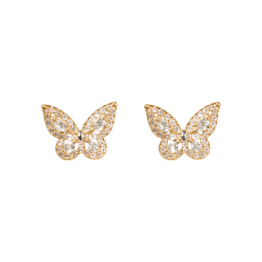 Small butterfly-style earrings with zircons, plated in 18k gold, copper base
