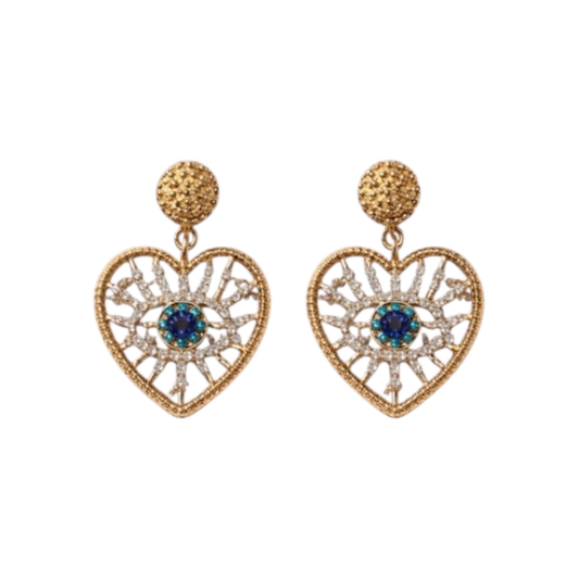 Evil Eye Heart-Shaped Dangle Earrings with Artificial Zircons