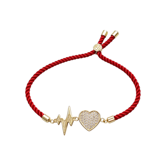 Adjustable Red Cord Bracelet with Gold-Plated Heart & Cardio