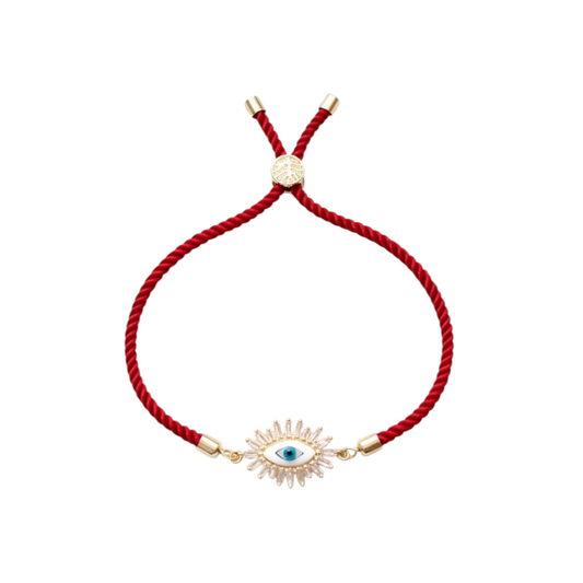 Evil Eyes Bracelet with Crystal-Embellished Charm and Red Ribbon