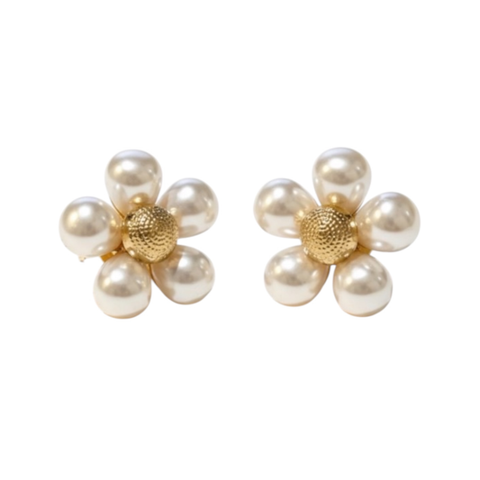 Flower-Shaped Earrings Adorned with Synthetic Pearls, 18k Gold-Plated Brass