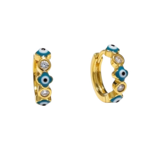 Gold-Plated Hoop Earrings with Evil Eye Symbol- Blue color