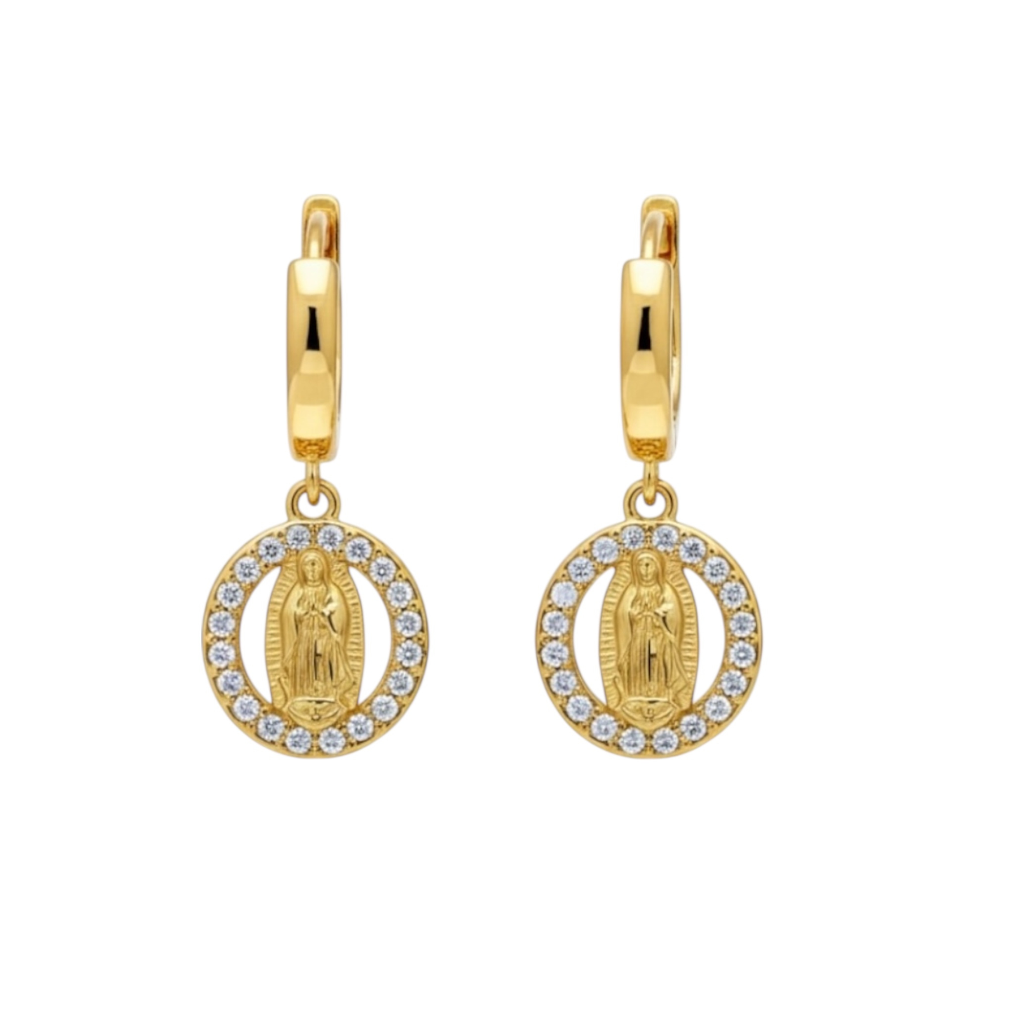 Hoop Earring with Hanging Virgin Mary Medal, Religious Style in Gold Plating