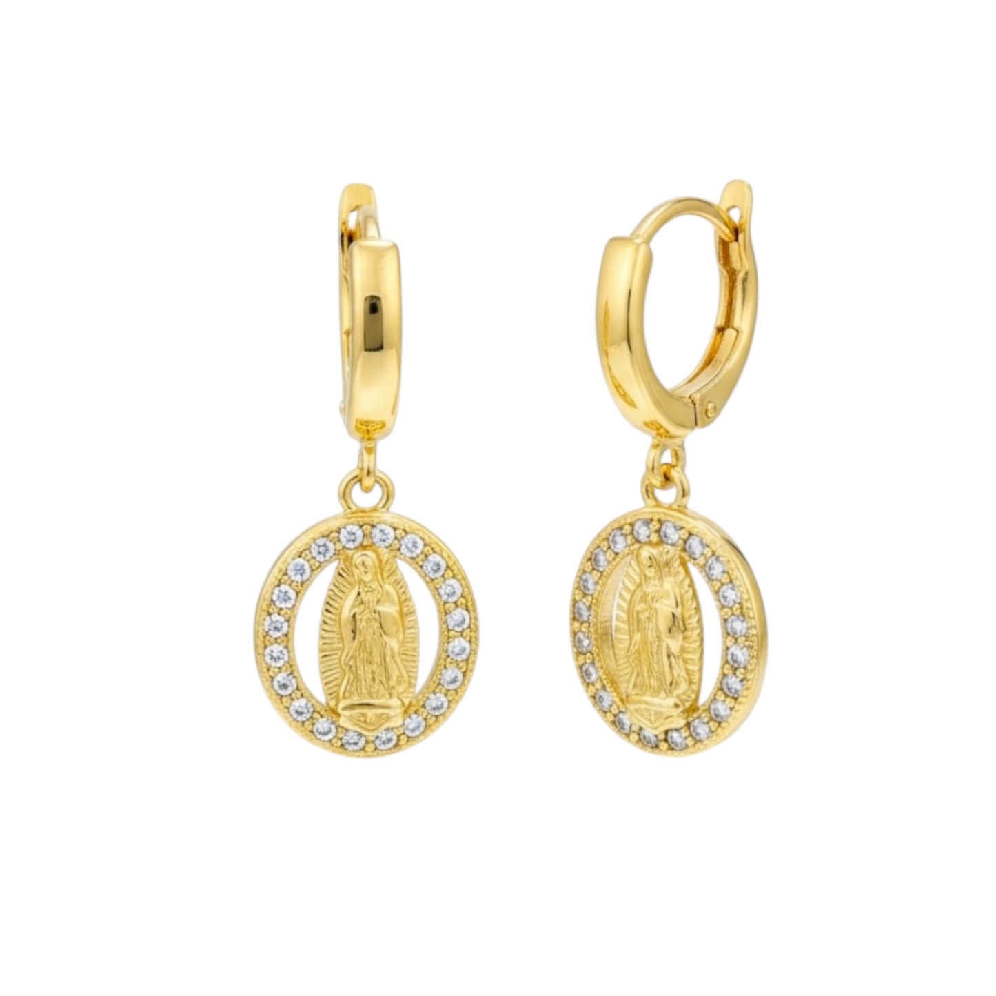 Hoop Earring with Hanging Virgin Mary Medal, Religious Style in Gold Plating