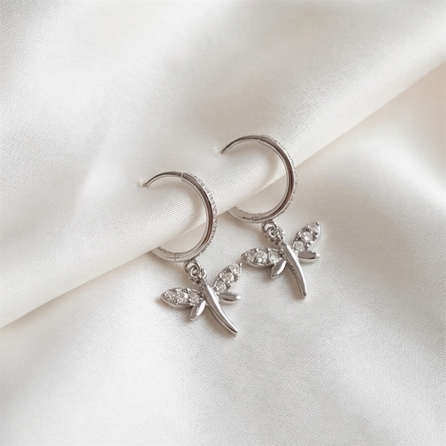 Hoop Earrings with Dragonfly Charm in .925 Sterling Silver