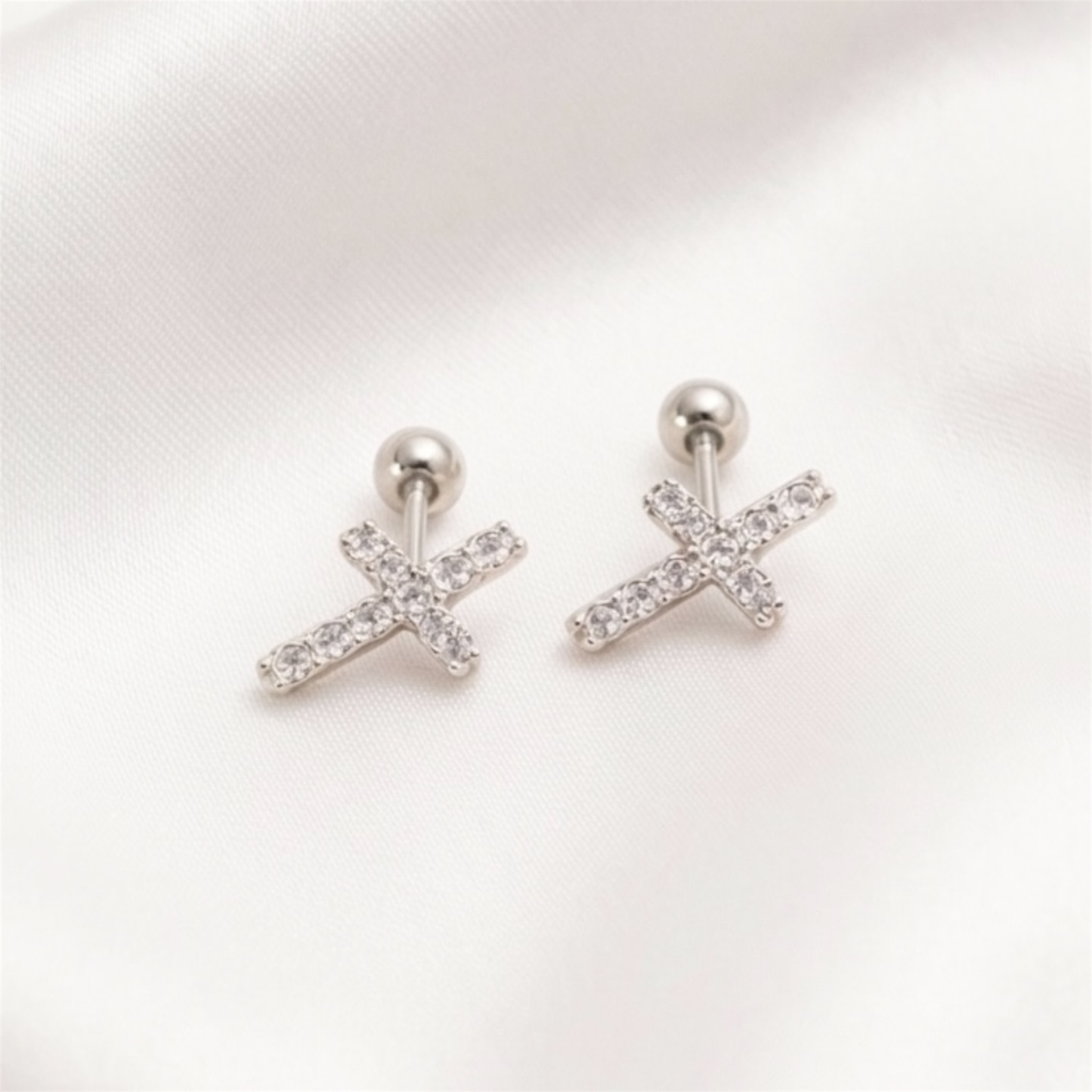 .925 Sterling Silver Zircon Inlay Cross Earrings