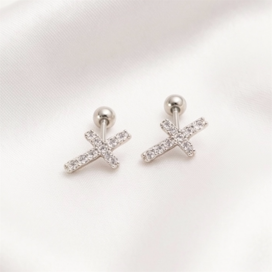 .925 Sterling Silver Zircon Inlay Cross Earrings