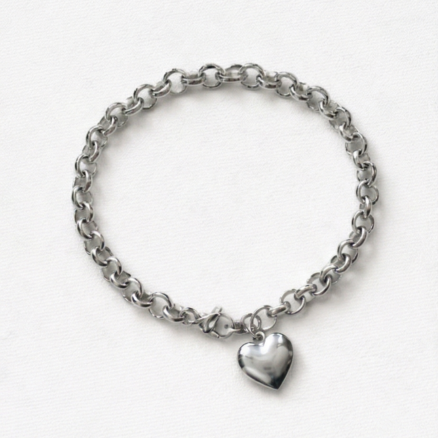 Silvery Stainless Steel Heart Charm chain Link Bracelet