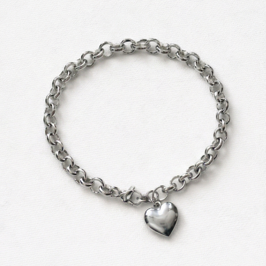 Silvery Stainless Steel Heart Charm chain Link Bracelet