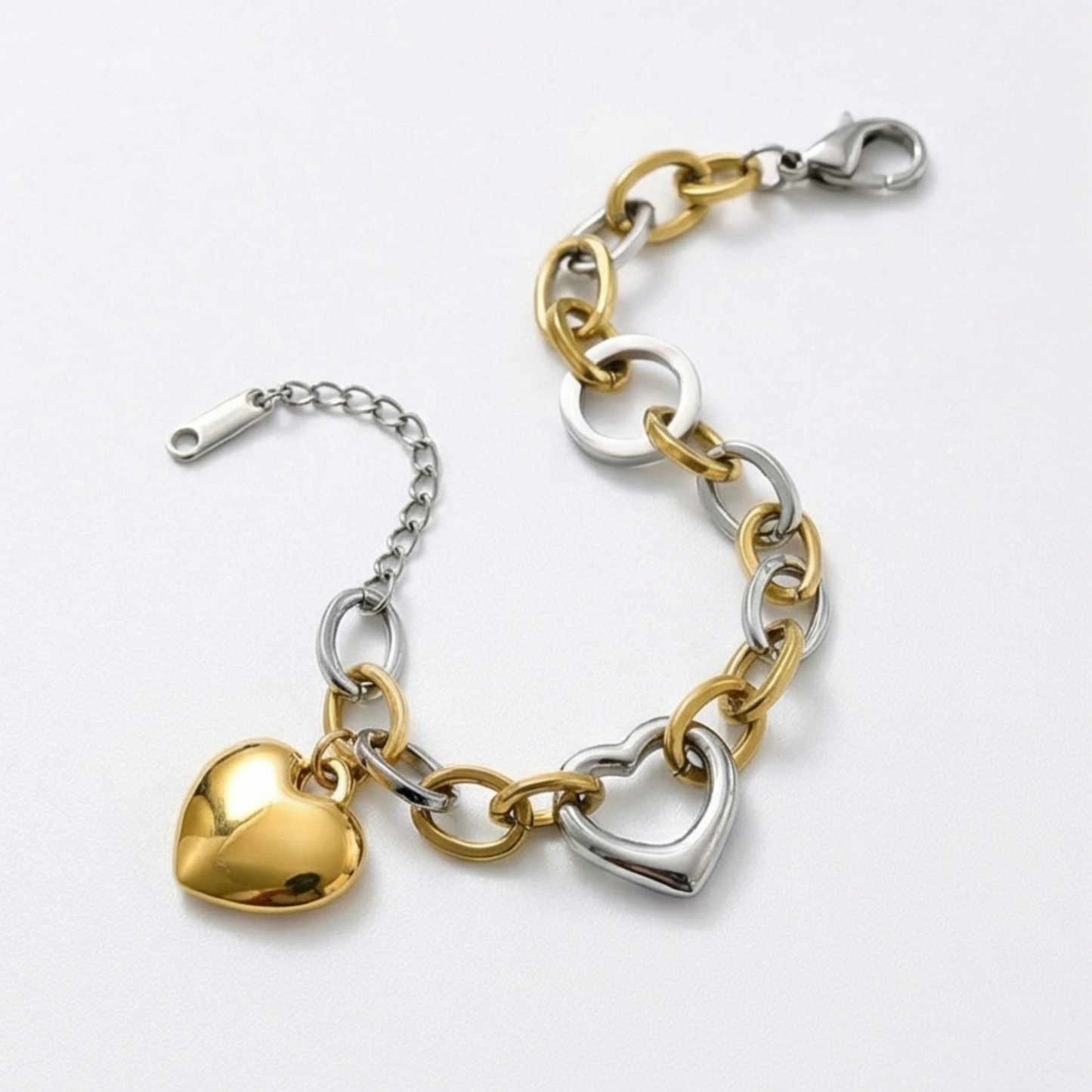 Stainless steel heart pendant link bracelet