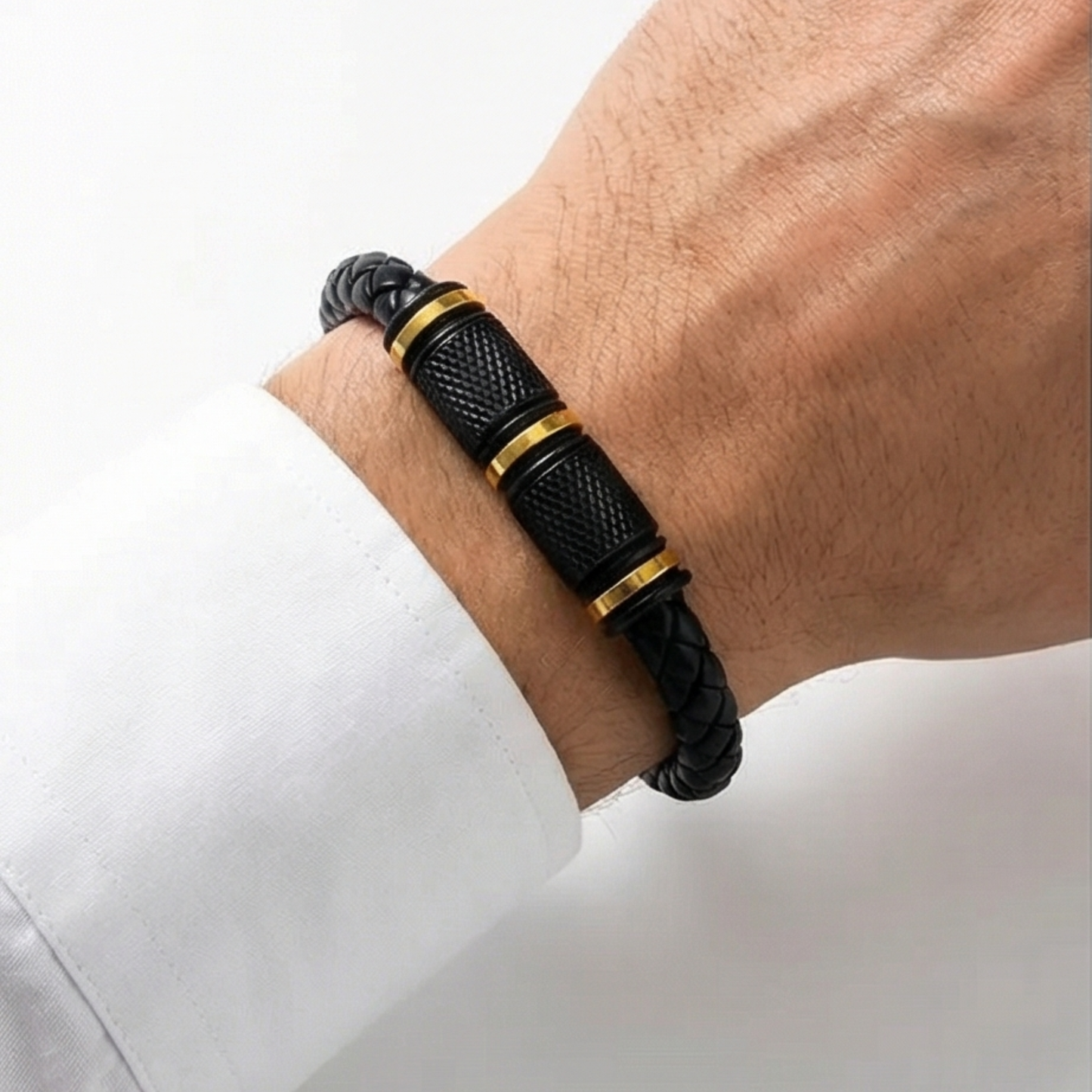 Stainless steel-leather men's bracelet