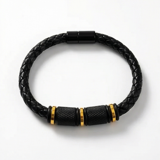 Stainless steel-leather men's bracelet