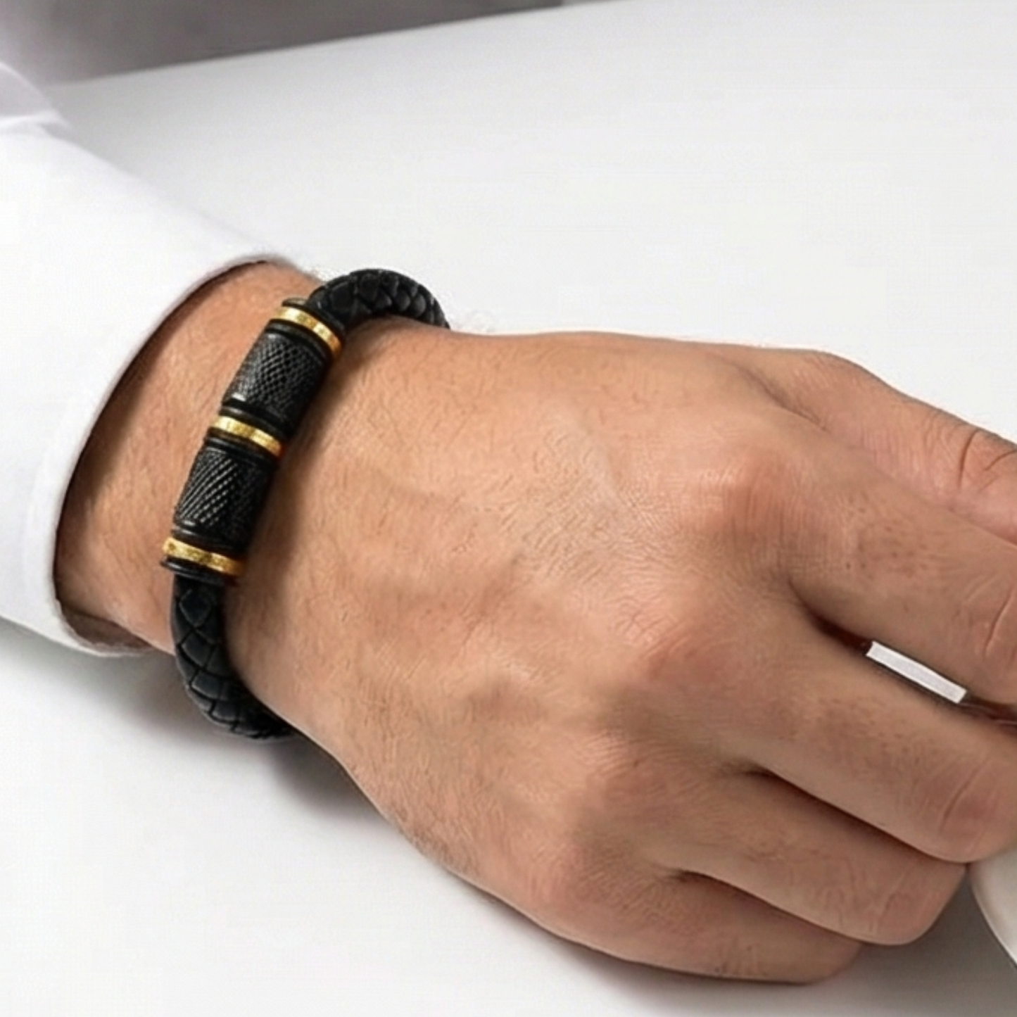 Stainless steel-leather men's bracelet