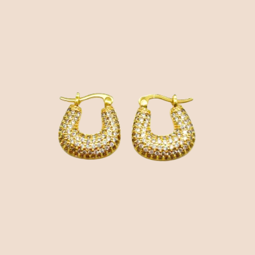 Geometric-Shaped Earrings, 18K Gold-Plated Copper with Zircon Inlay