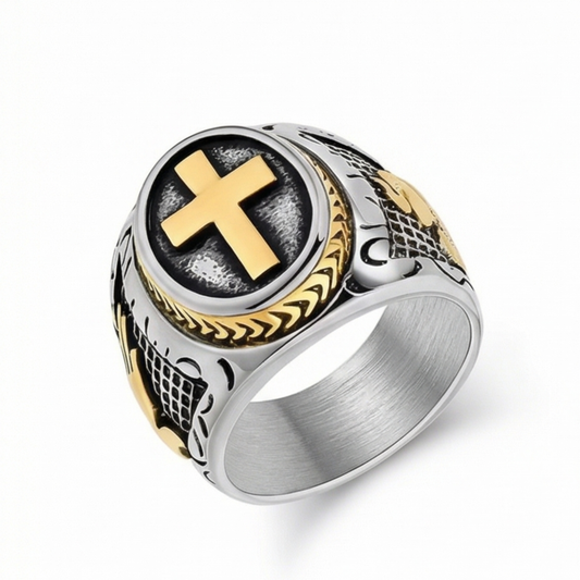 Stainless steel ring with engraved cross