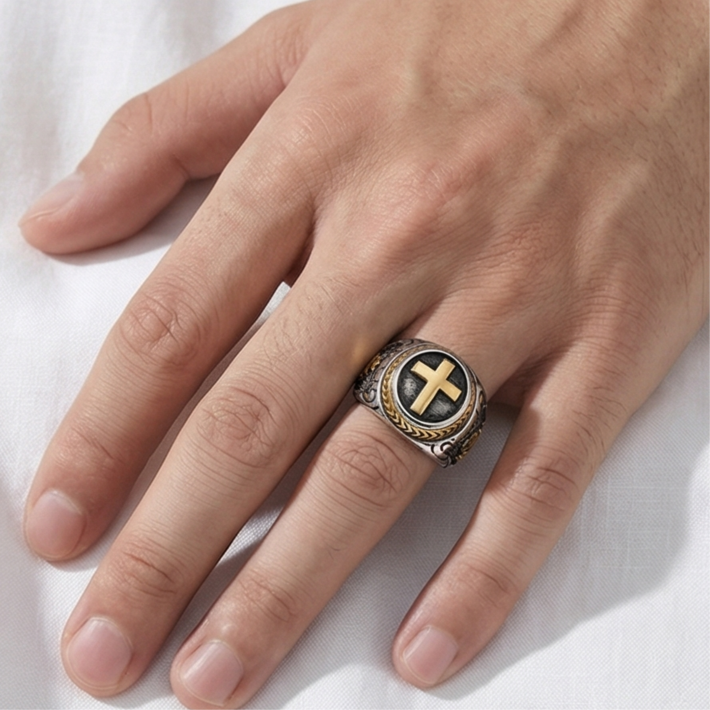 Stainless steel ring with engraved cross
