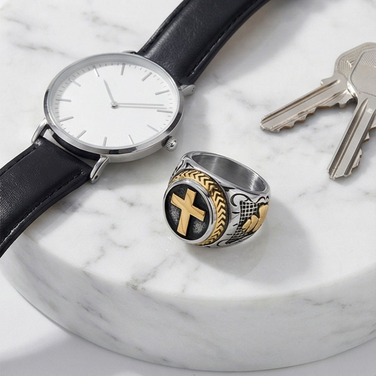 Stainless steel ring with engraved cross