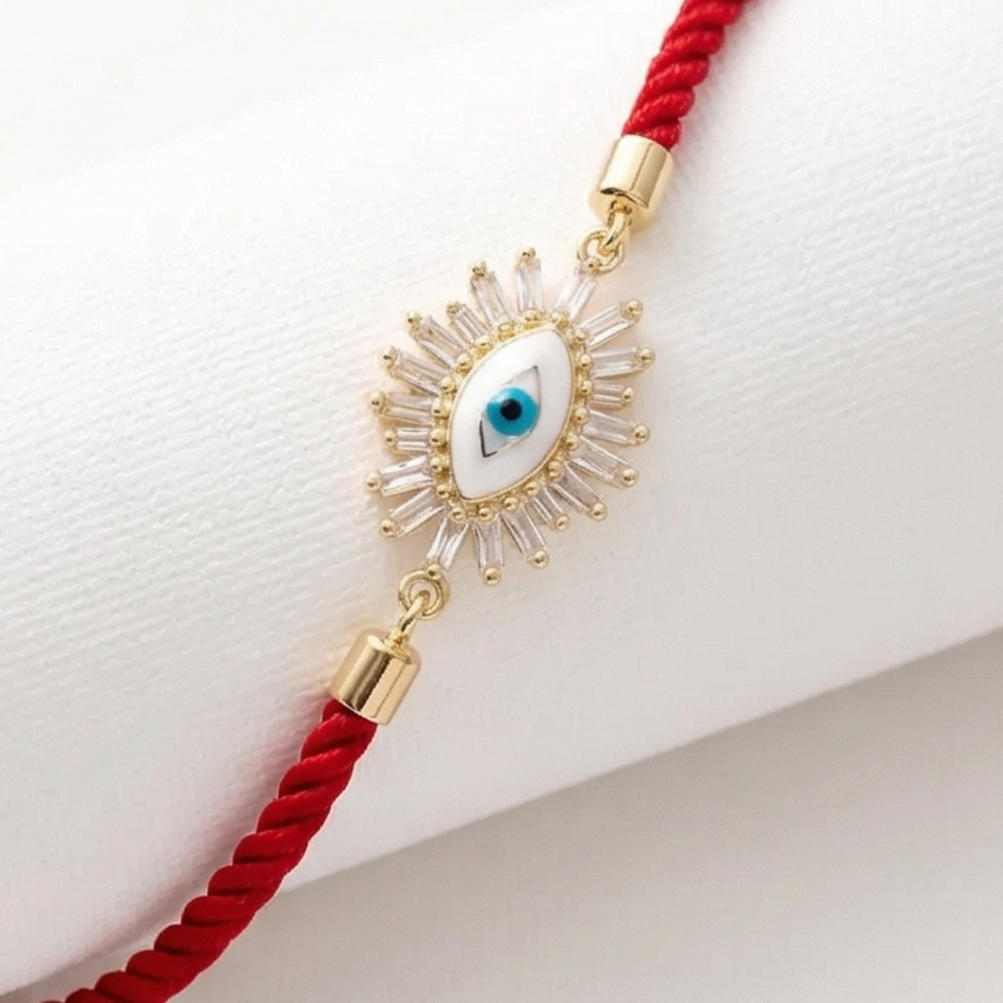 Evil Eyes Bracelet with Crystal-Embellished Charm and Red Ribbon