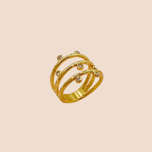 Ring with link design and zirconium inlay, Gold plated 14k, stainless steel